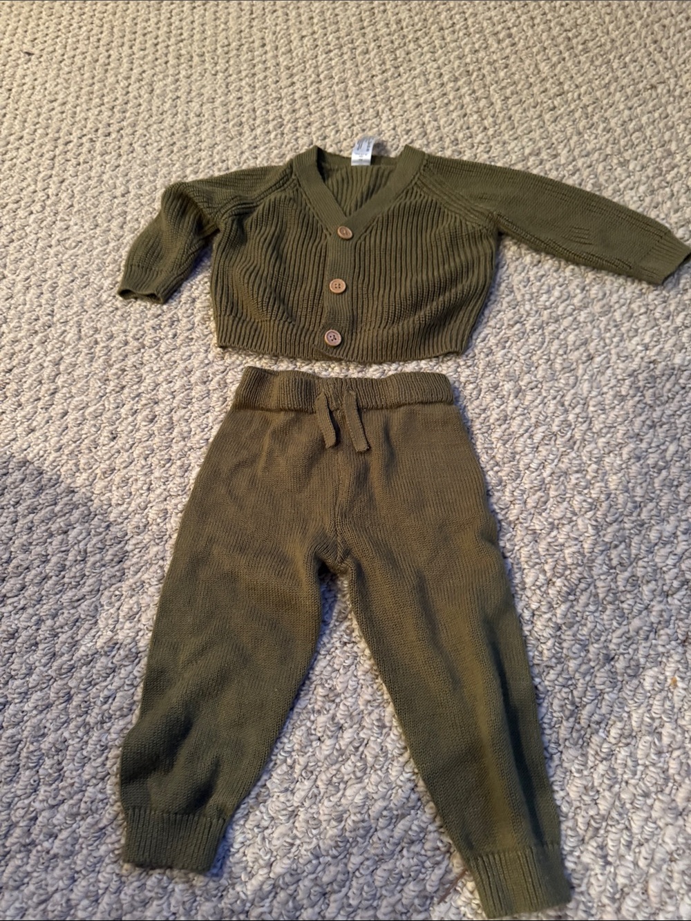 Olive Knit Kids Matching Set - Button Cardigan & Pull-On Pants